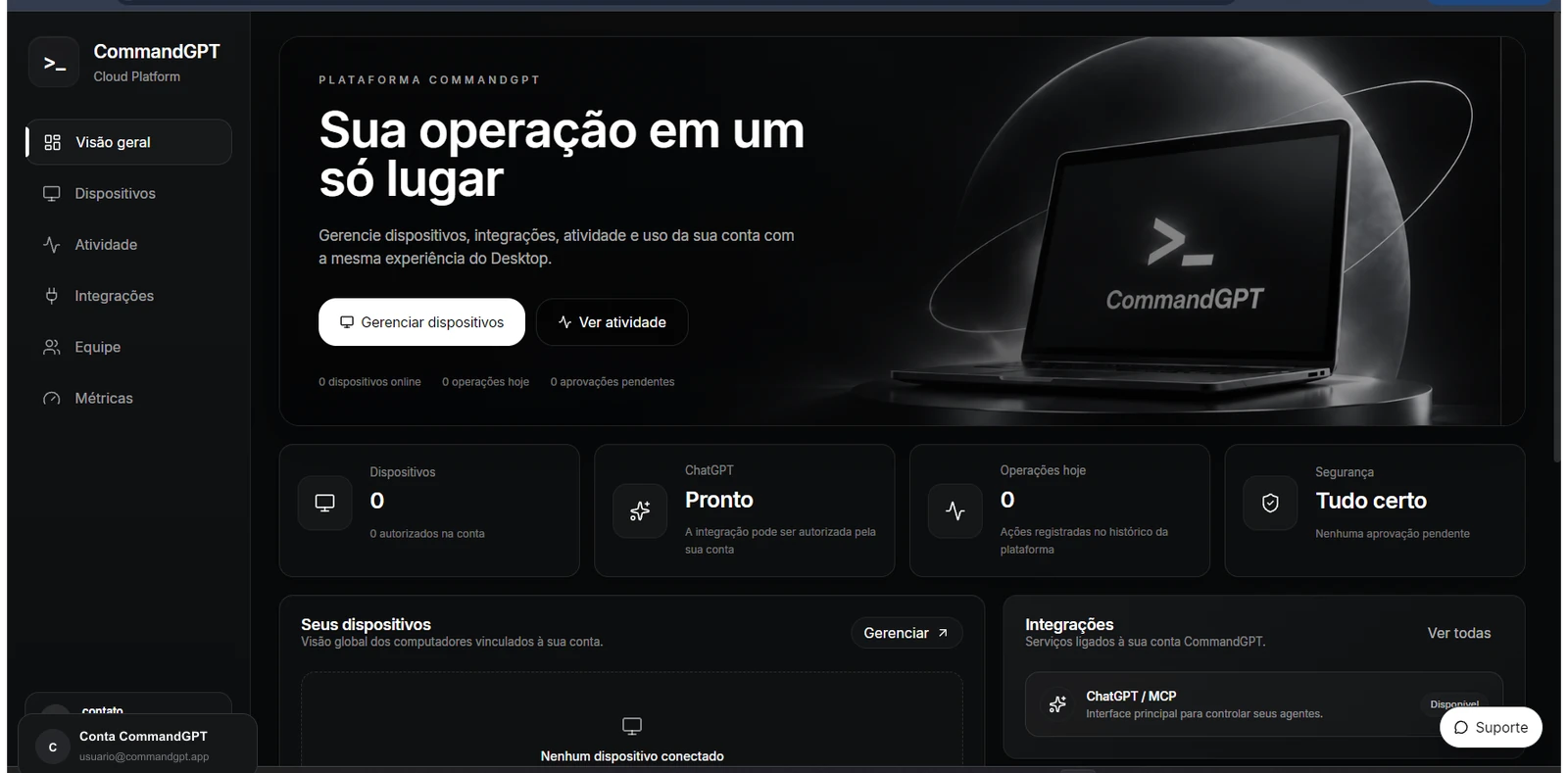 Captura real da Dashboard atual do ZionDesk com visão geral, dispositivos, integrações e suporte por IA